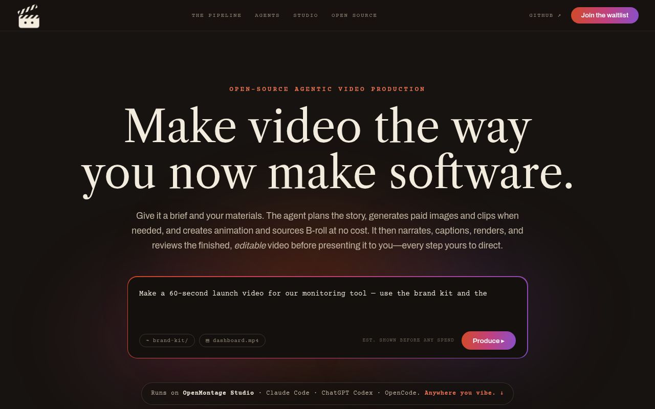 Screenshot of OpenMontage (www.openmontage.video)