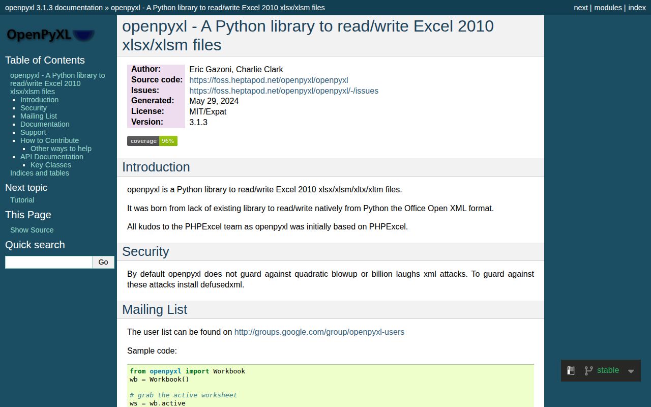 Screenshot of openpyxl documentation