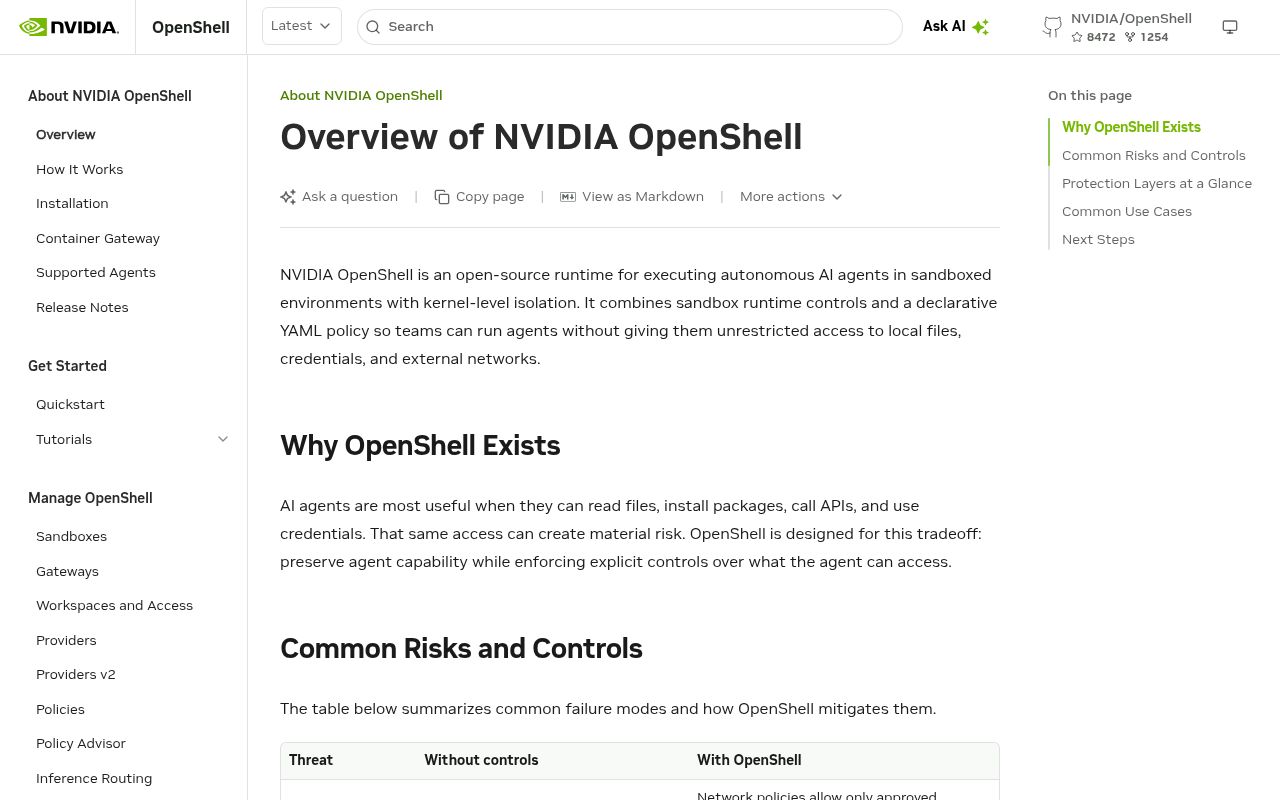 Screenshot of OpenShell (docs.nvidia.com/openshell/latest)