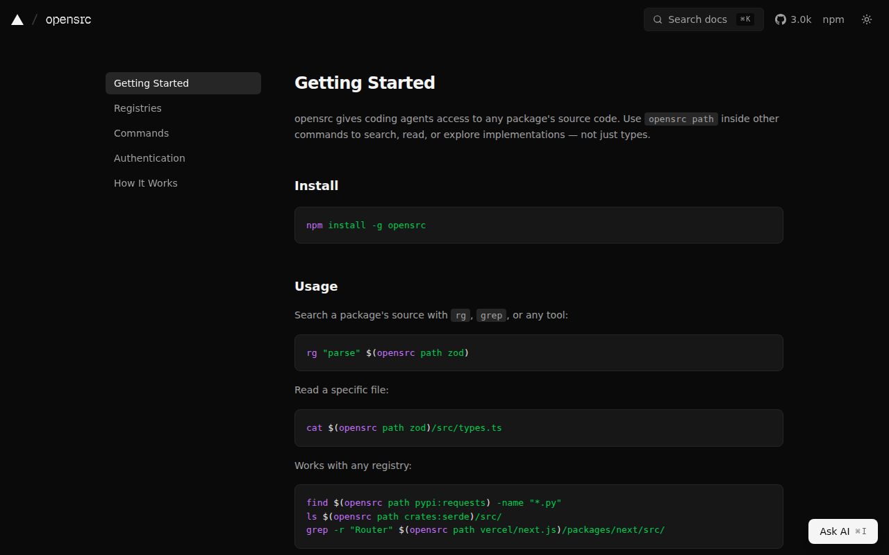 Screenshot of opensrc (opensrc.sh)