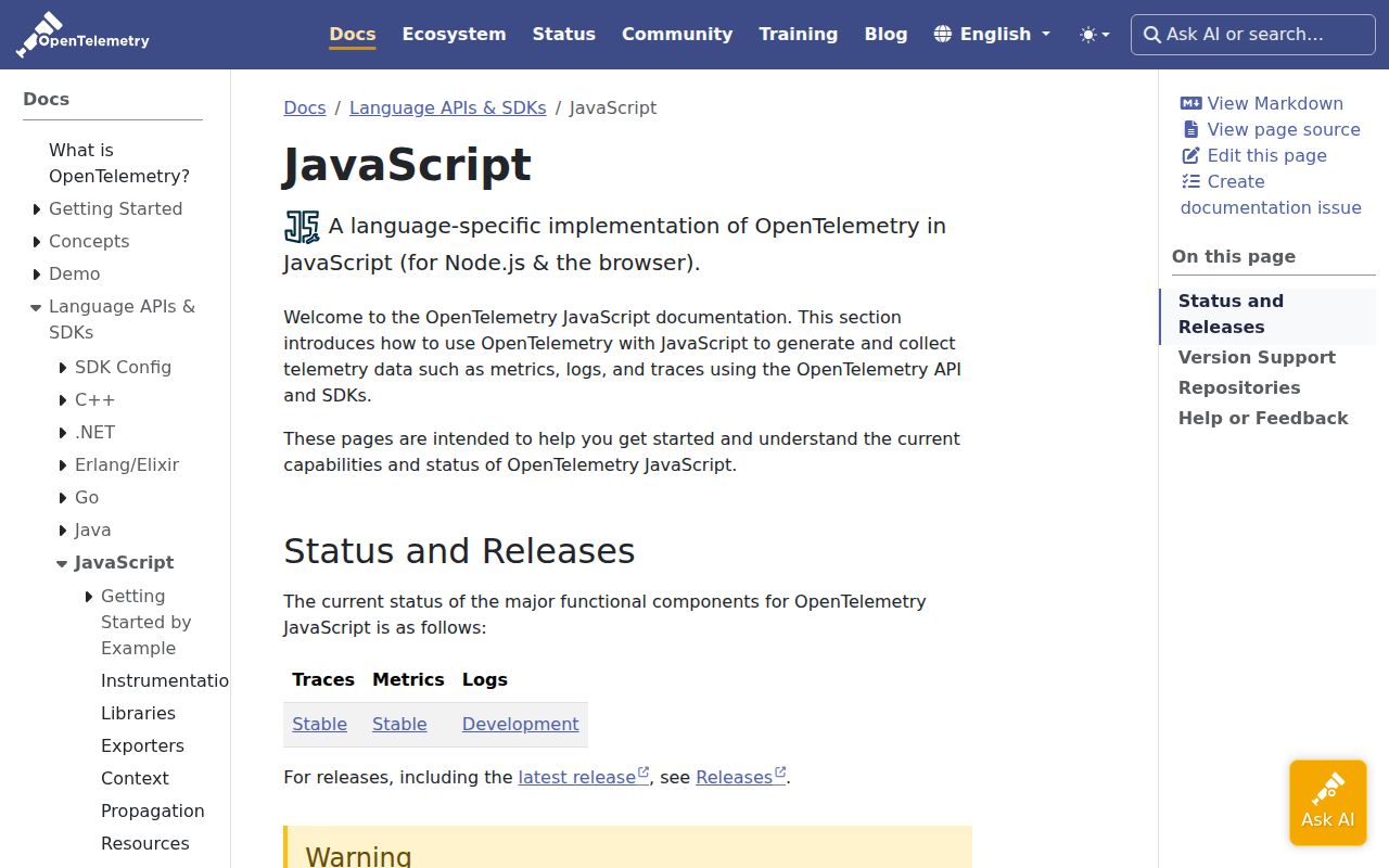 Screenshot of @opentelemetry/api documentation