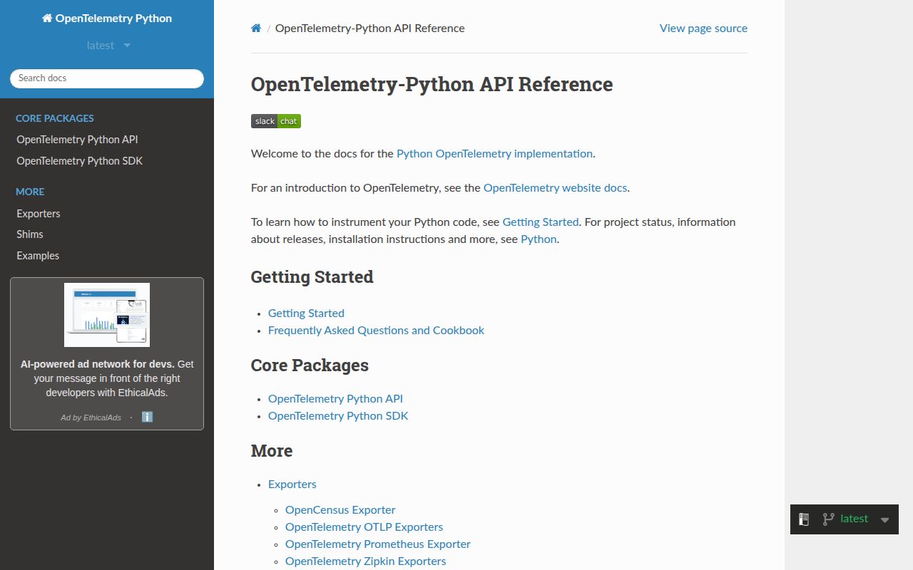 Screenshot of opentelemetry-api documentation