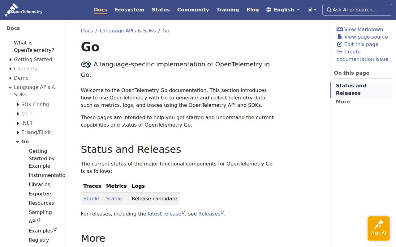 Screenshot of opentelemetry-go (opentelemetry.io/docs/languages/go)