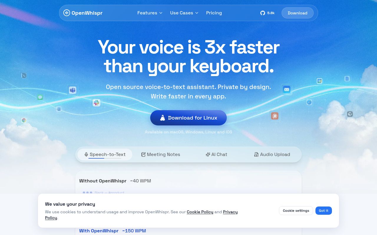 Screenshot of openwhispr (openwhispr.com)