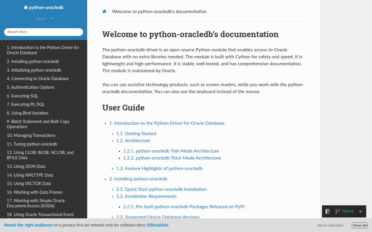 Screenshot of oracledb documentation