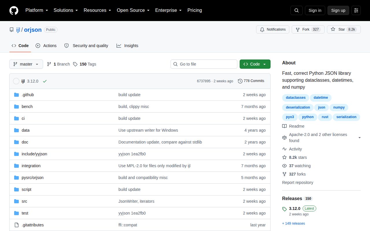 Screenshot of orjson documentation