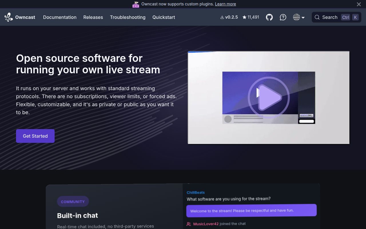 Screenshot of owncast (owncast.online)