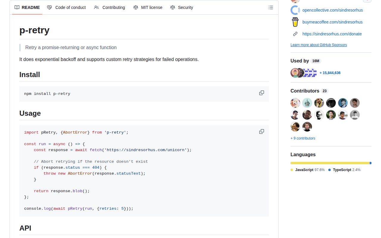 Screenshot of p-retry documentation