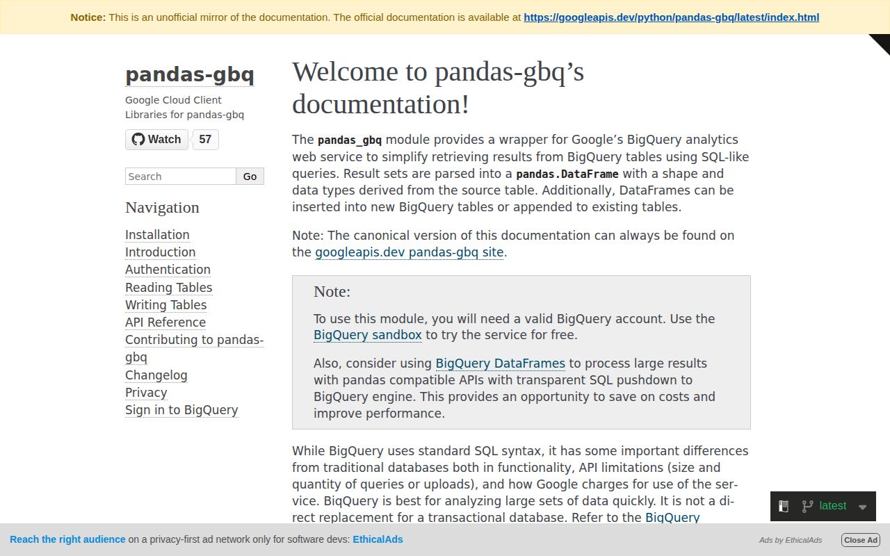 Screenshot of pandas-gbq documentation