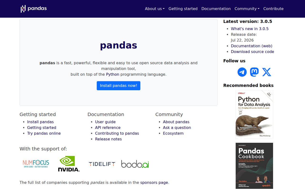 Screenshot of pandas documentation
