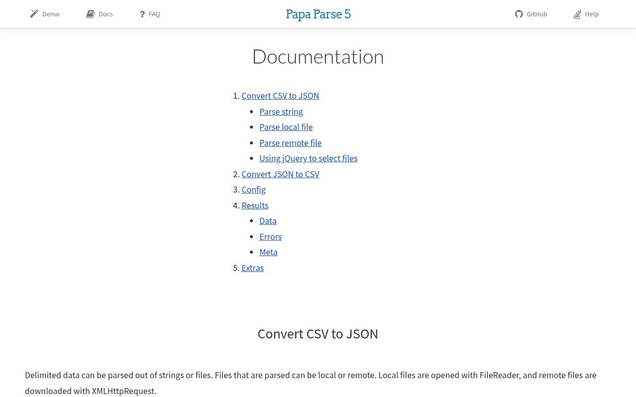 Screenshot of papaparse documentation