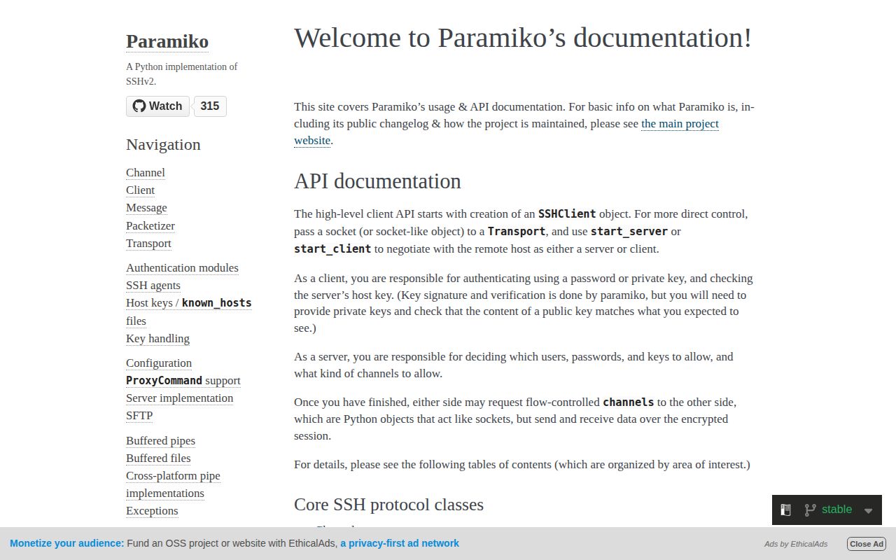 Screenshot of paramiko documentation