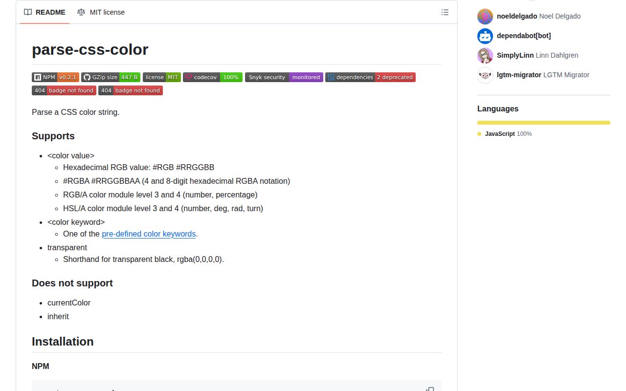 Screenshot of parse-css-color documentation