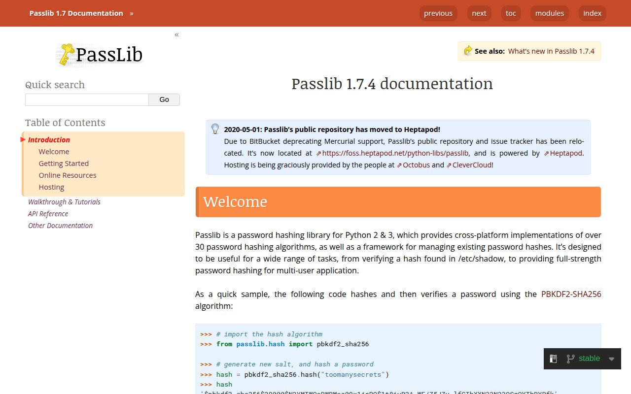 Screenshot of passlib documentation