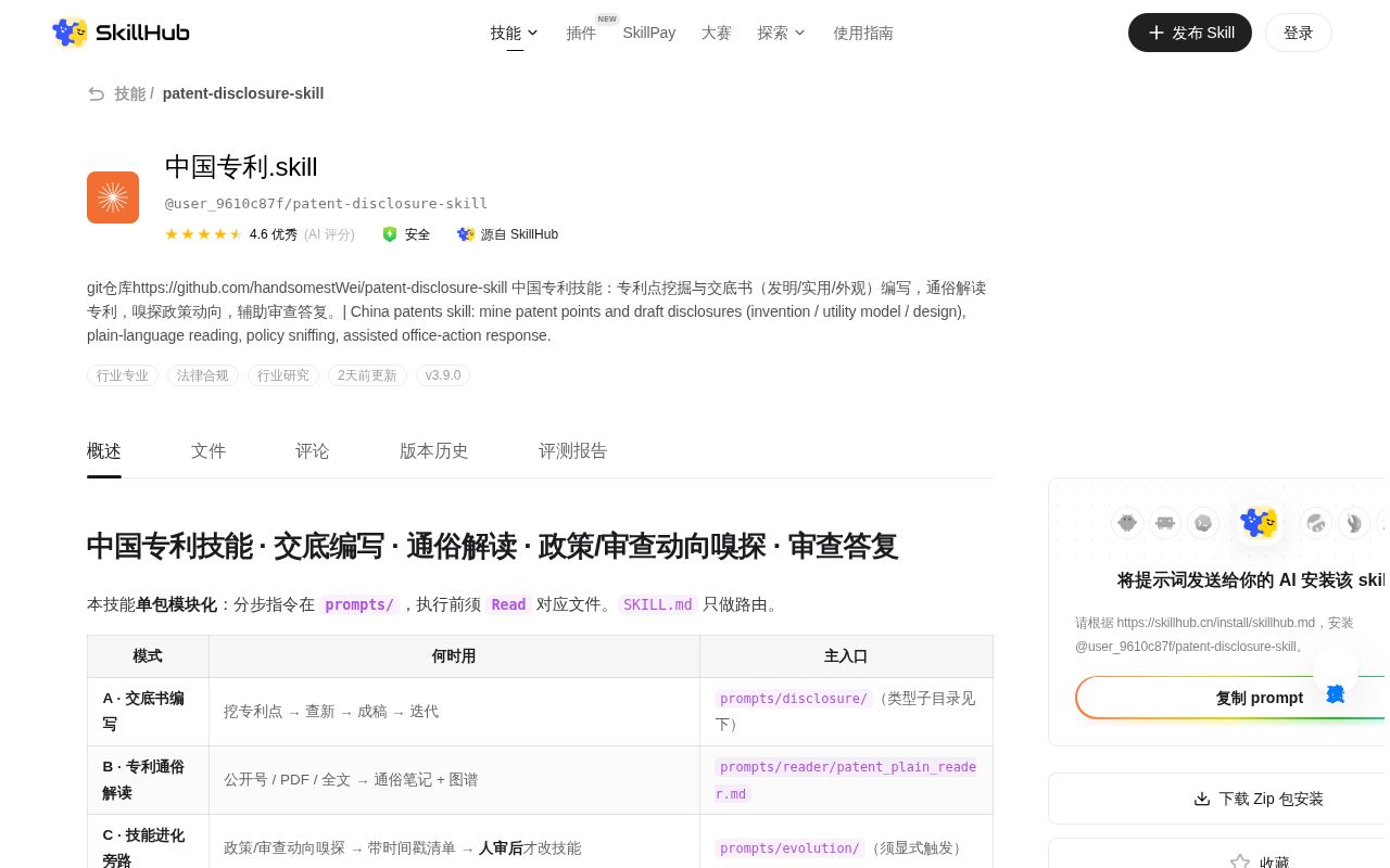 Screenshot of patent-disclosure-skill (skillhub.cn/skills/patent-disclosure-skill)