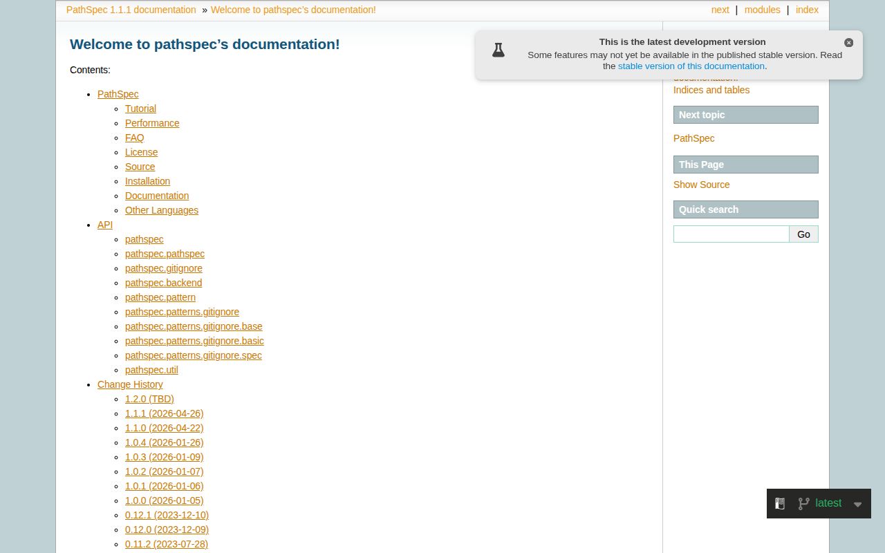Screenshot of pathspec documentation