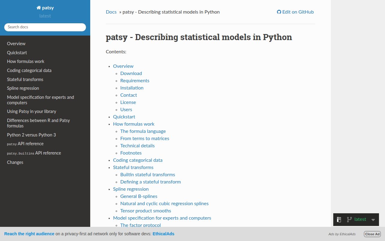 Screenshot of patsy documentation
