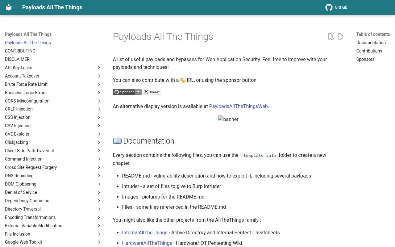 Screenshot of PayloadsAllTheThings (swisskyrepo.github.io/PayloadsAllTheThings)