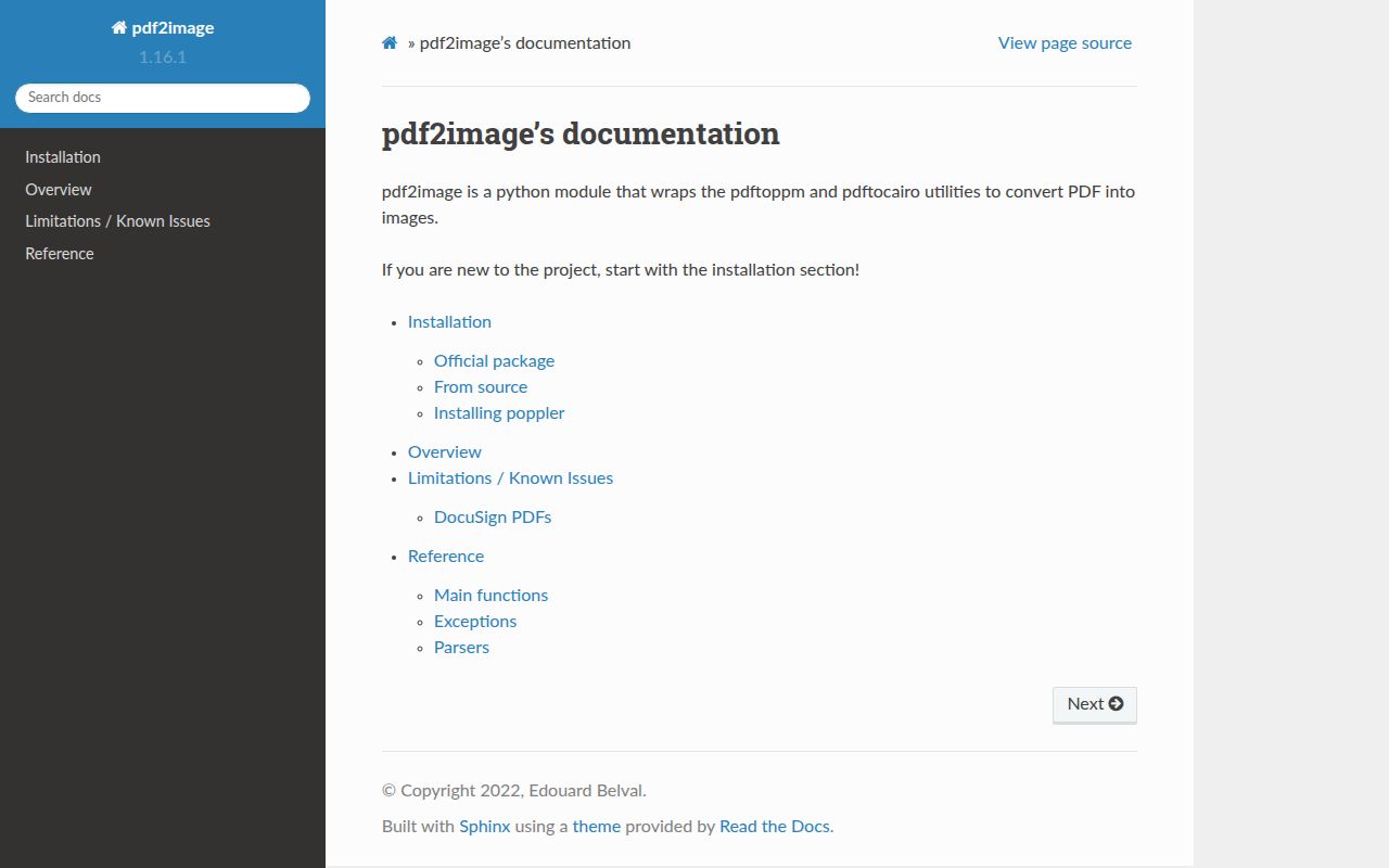 Screenshot of pdf2image documentation