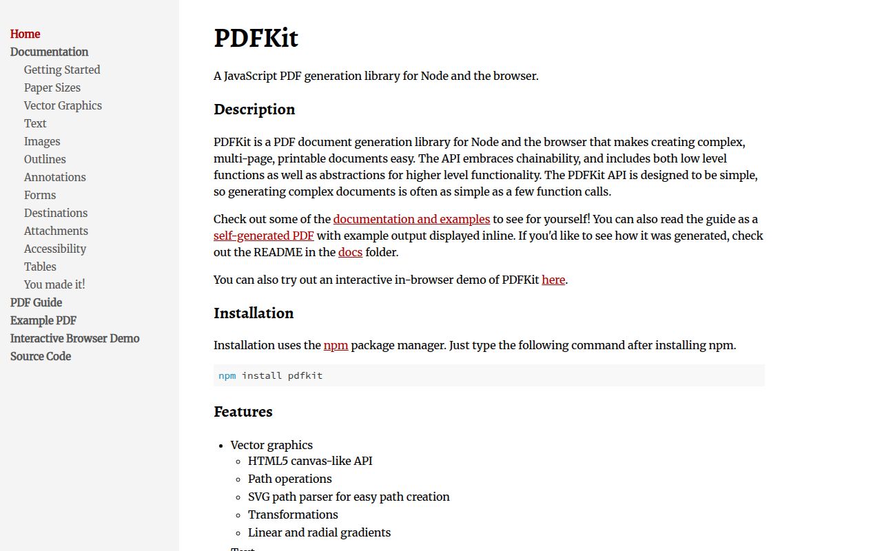 Screenshot of pdfkit documentation