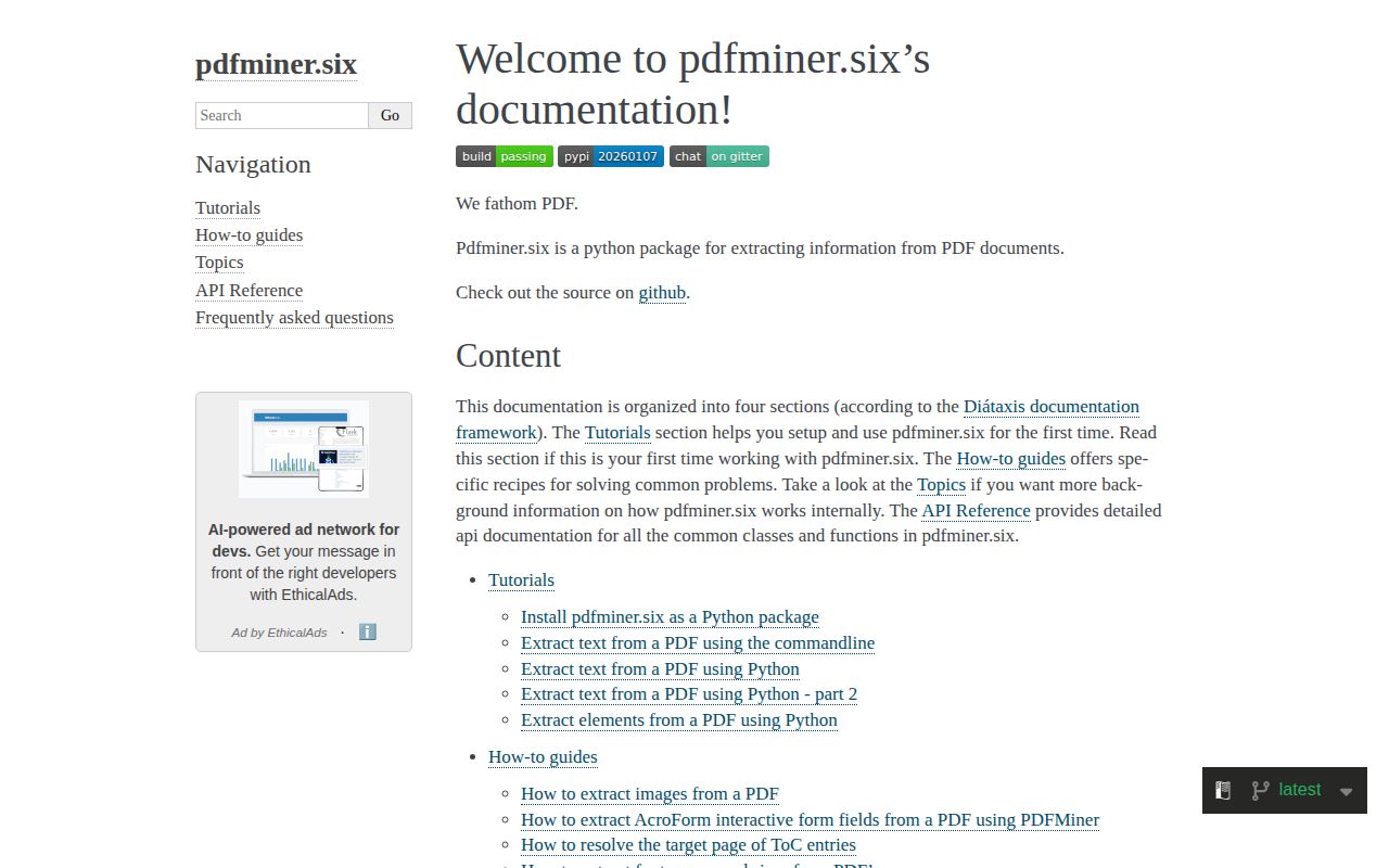 Screenshot of pdfminer.six documentation