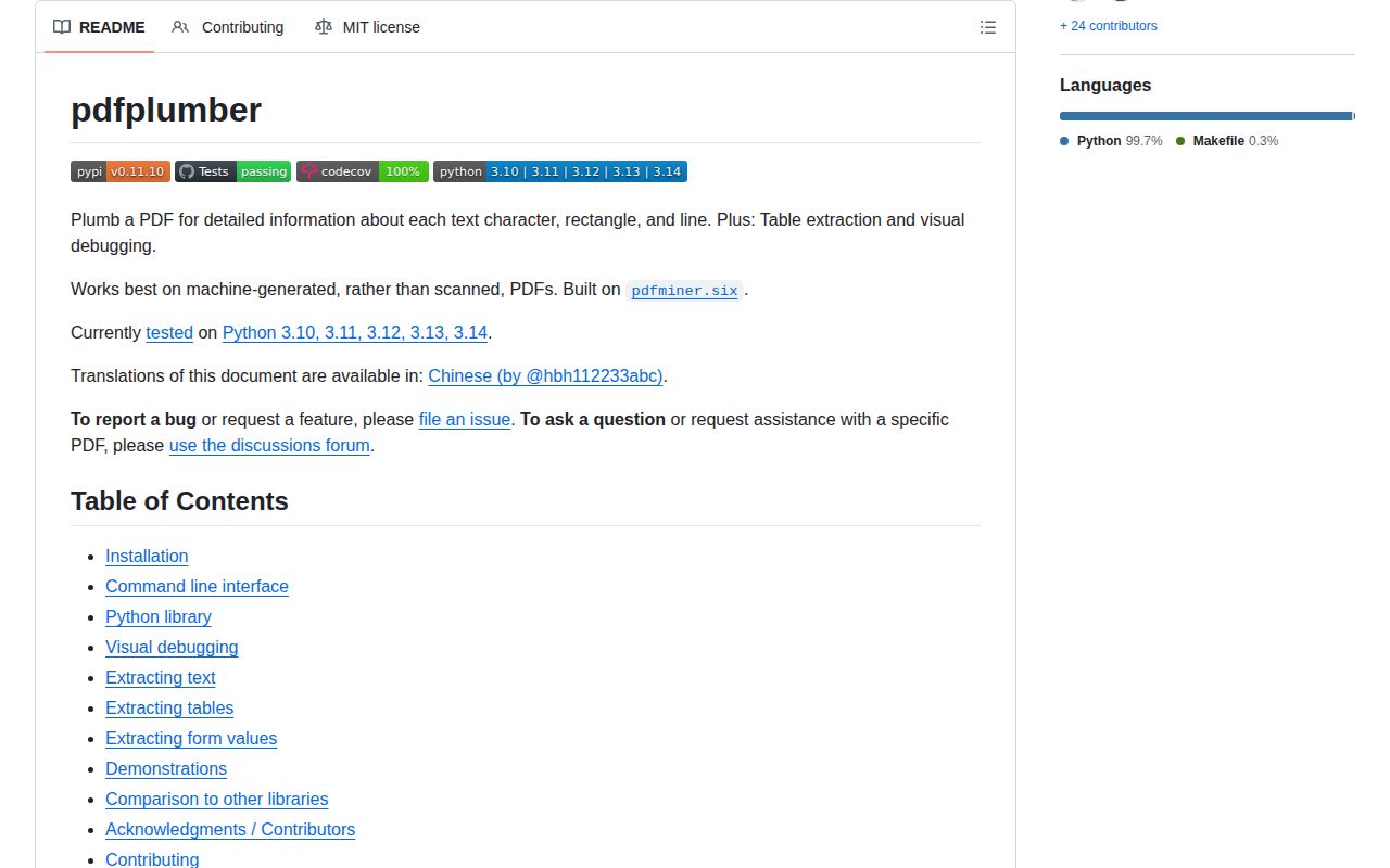 Screenshot of pdfplumber documentation