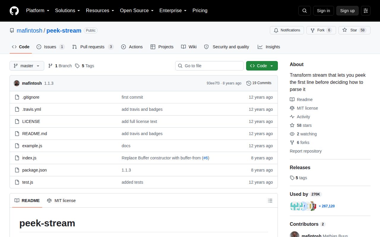 Screenshot of peek-stream documentation