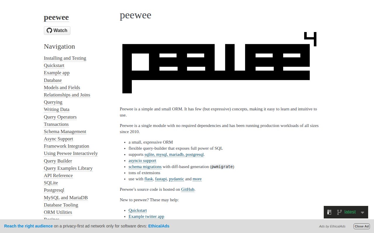 Screenshot of peewee documentation