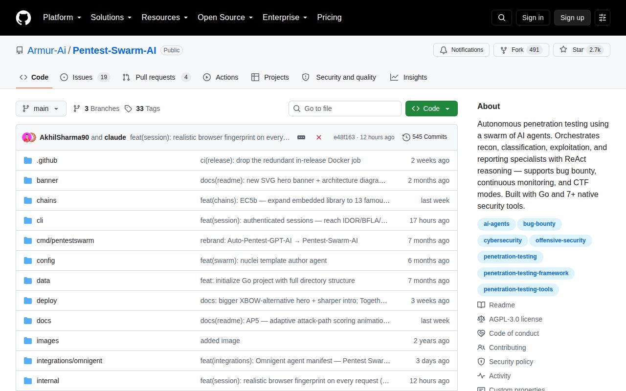 Screenshot of Pentest-Swarm-AI (github.com/Armur-Ai/Pentest-Swarm-AI)