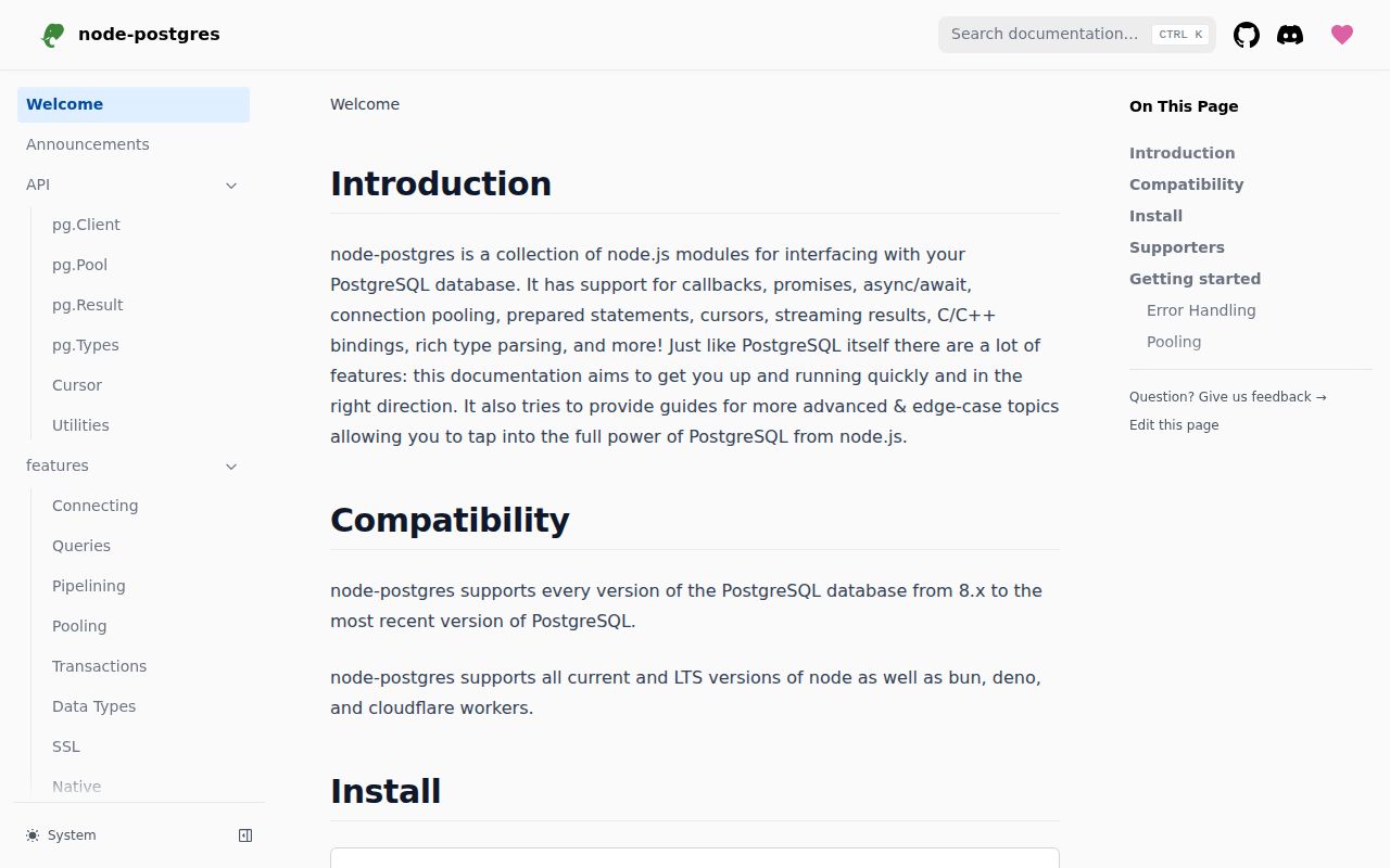 Screenshot of pg documentation