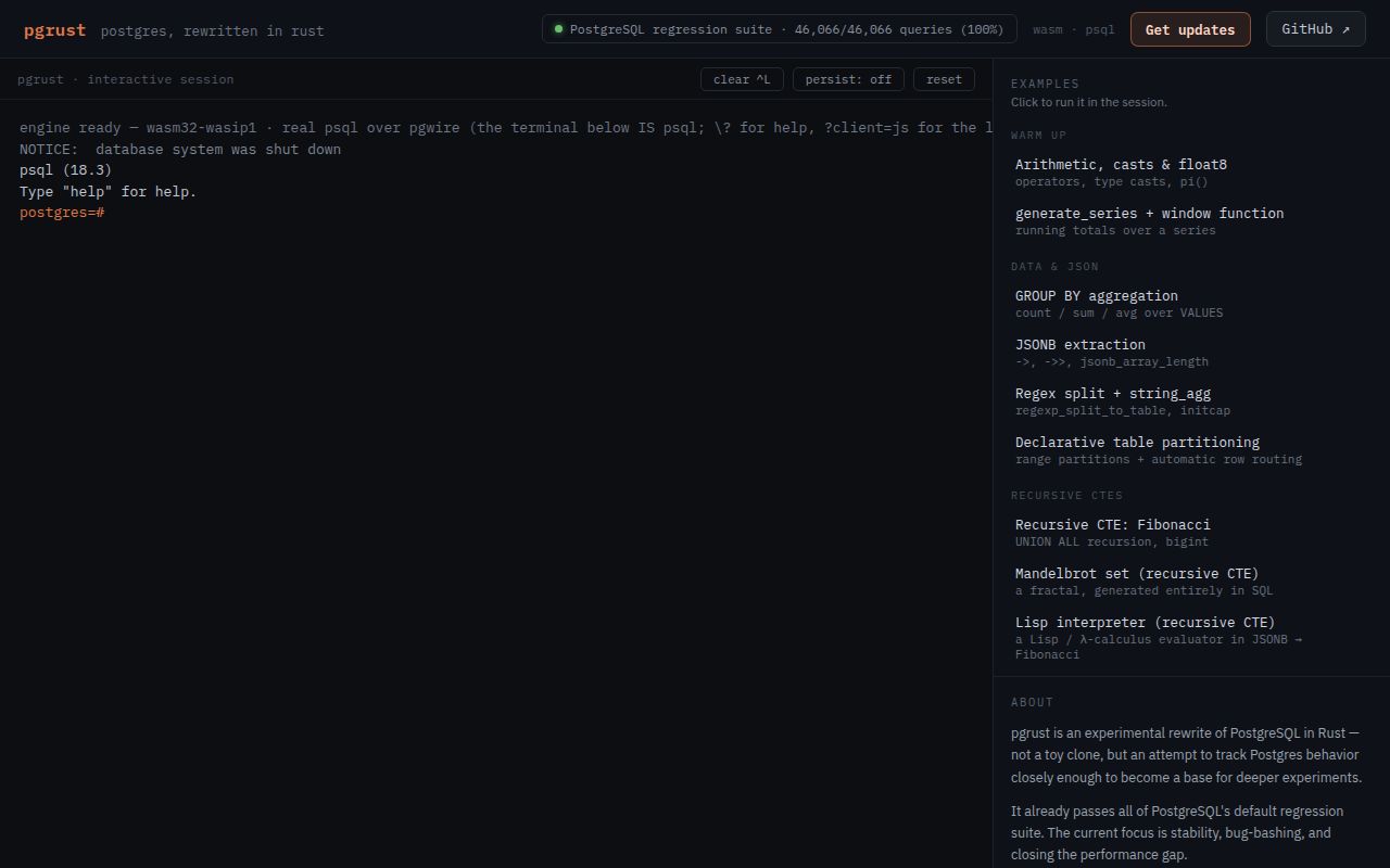 Screenshot of pgrust (pgrust.com)