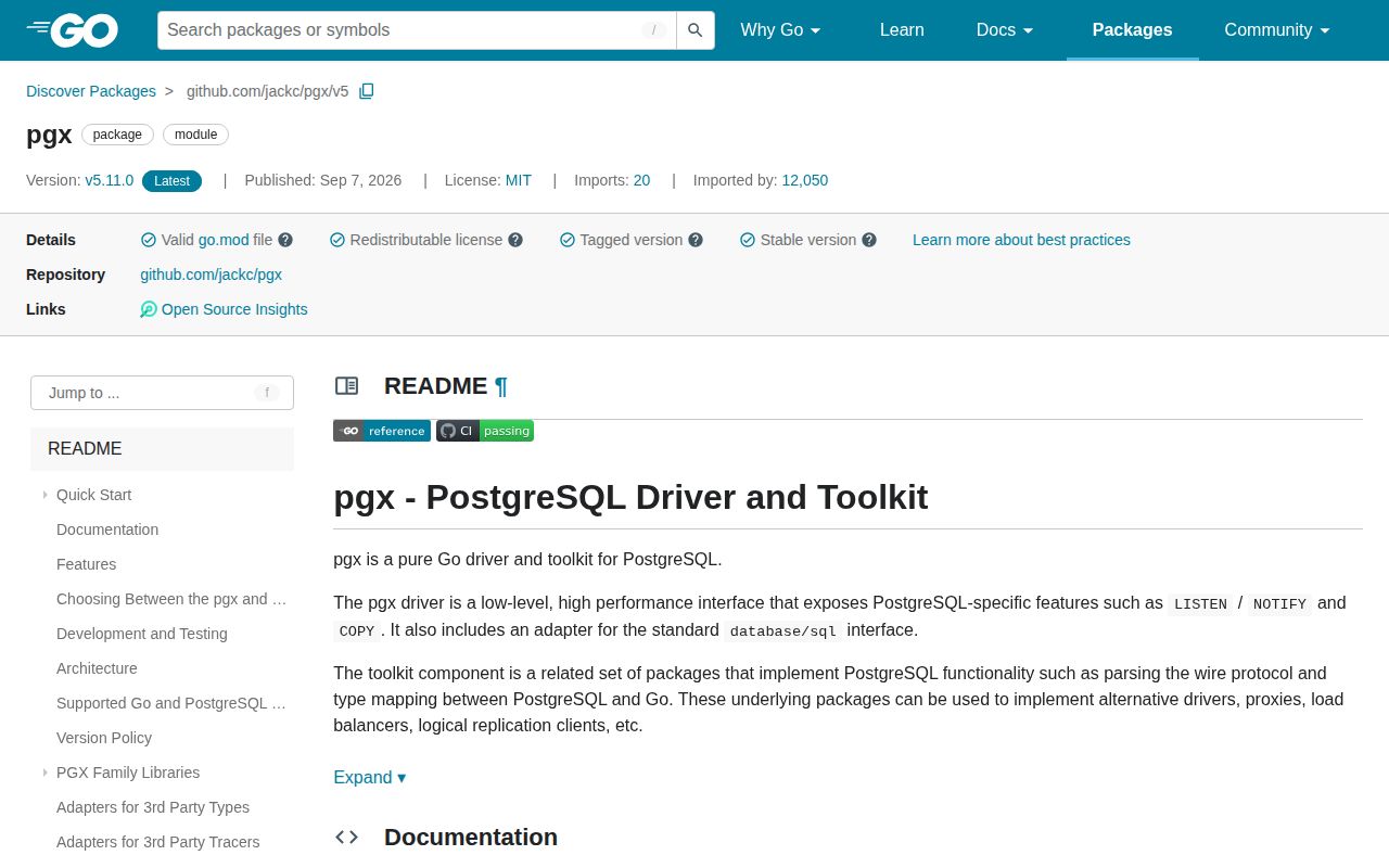 Screenshot of pgx (pkg.go.dev/github.com/jackc/pgx/v5)