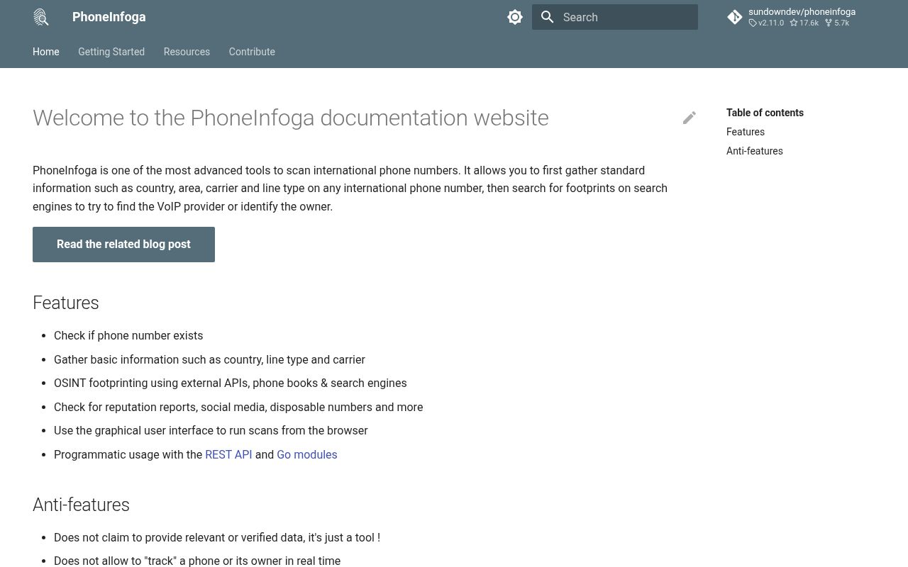 Screenshot of phoneinfoga (sundowndev.github.io/phoneinfoga)