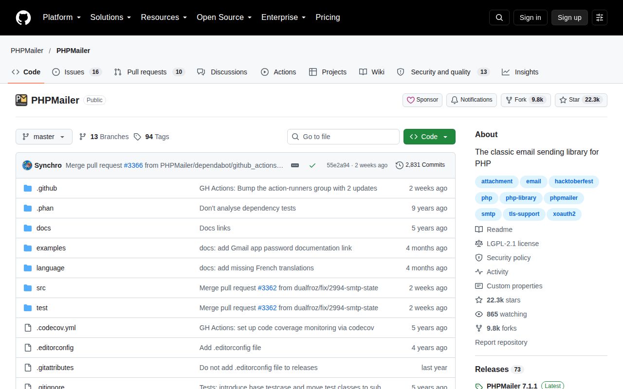 Screenshot of PHPMailer (github.com/PHPMailer/PHPMailer)