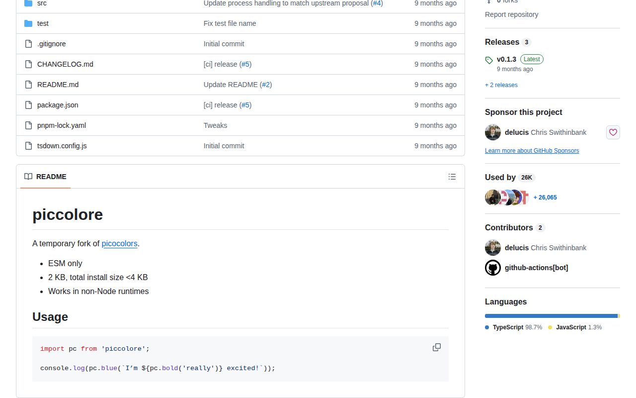Screenshot of piccolore documentation