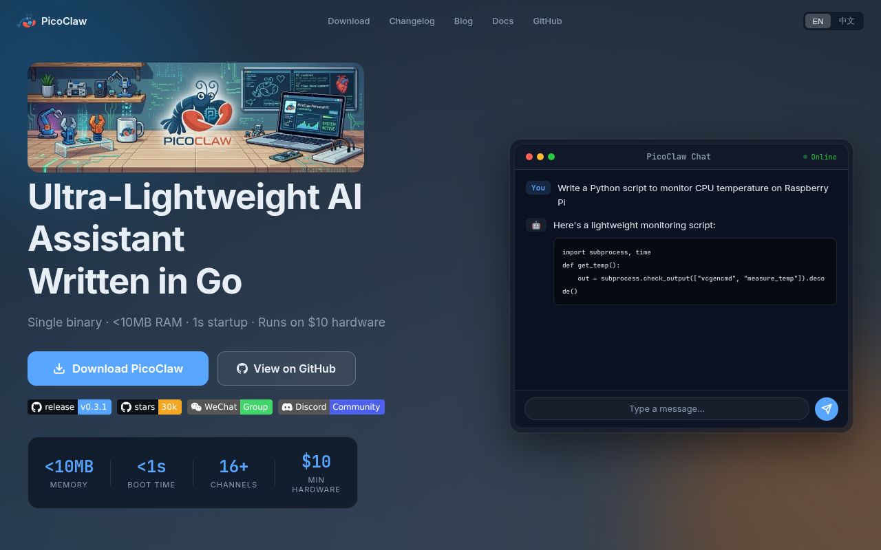 Screenshot of picoclaw (picoclaw.io)