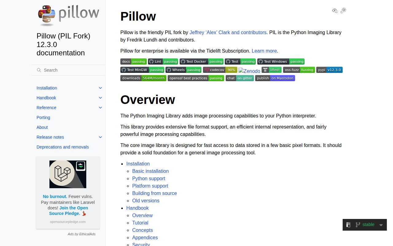 Screenshot of pillow documentation