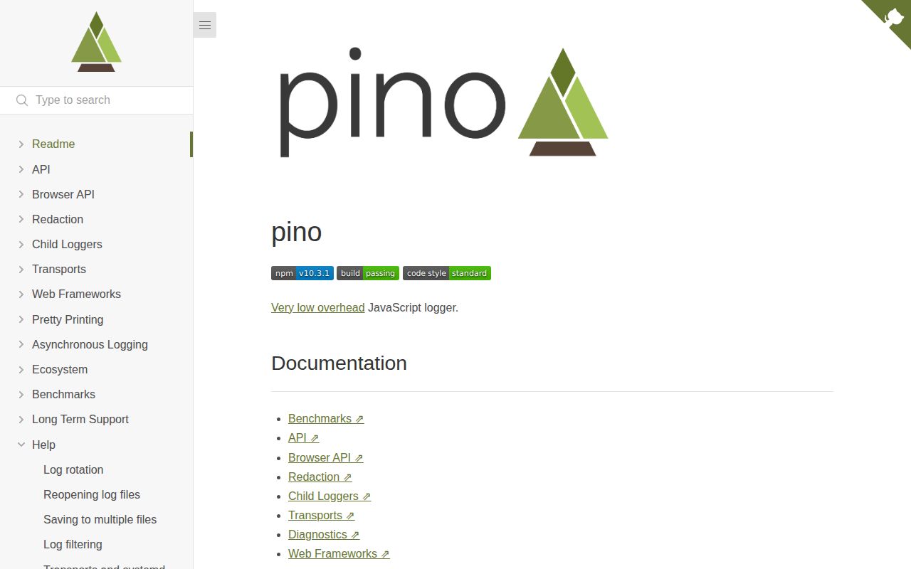 Screenshot of pino documentation