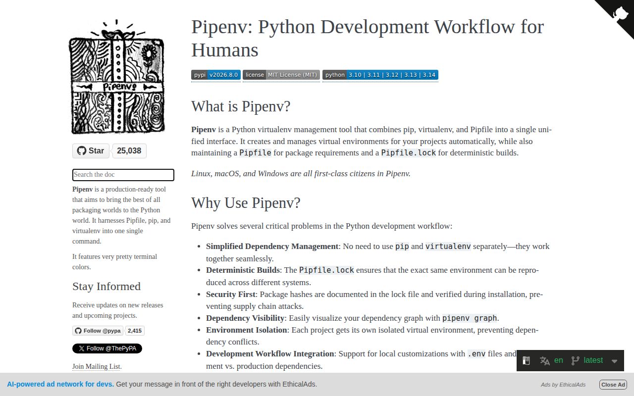 Screenshot of pipenv documentation