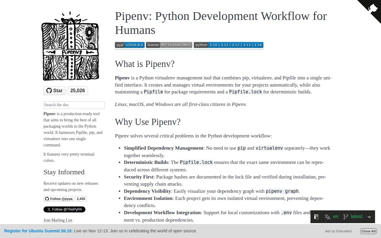 Screenshot of pipenv (pipenv.pypa.io)