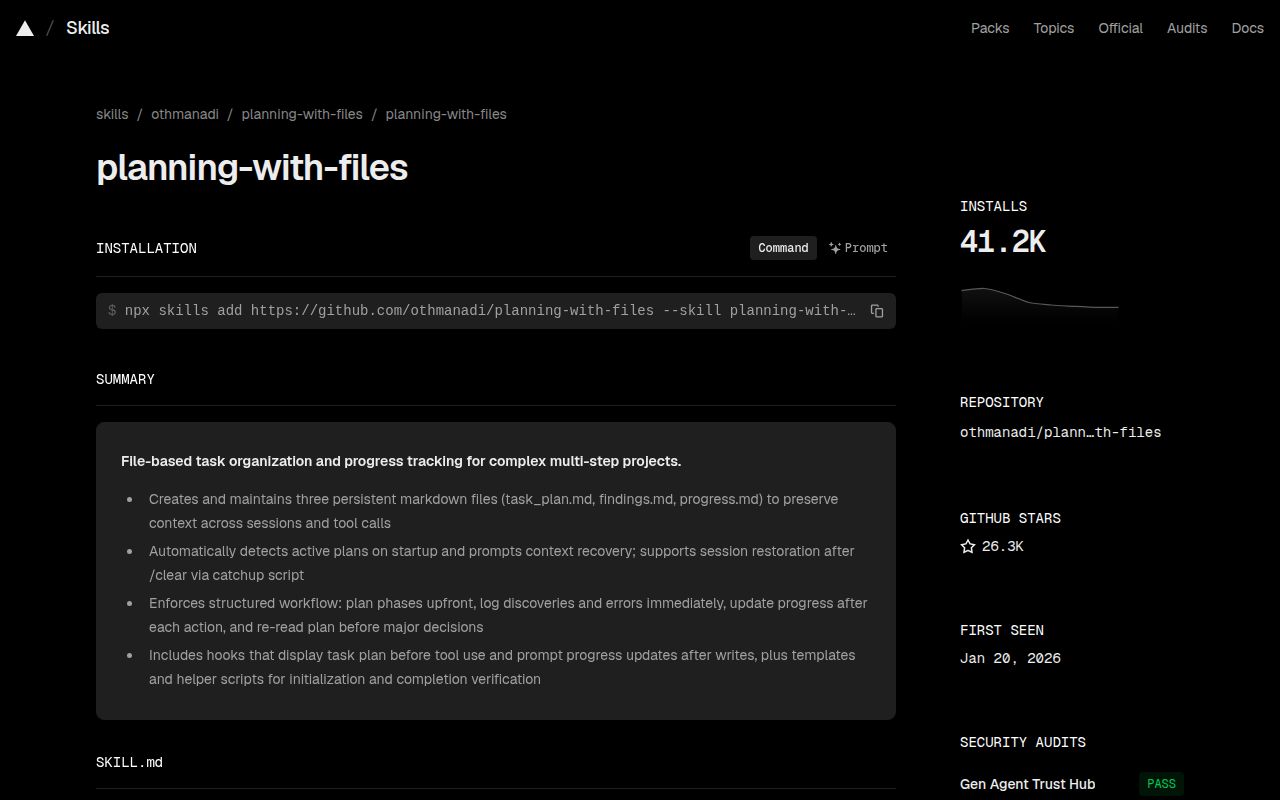 Screenshot of planning-with-files (www.skills.sh/othmanadi/planning-with-files/planning-with-files)
