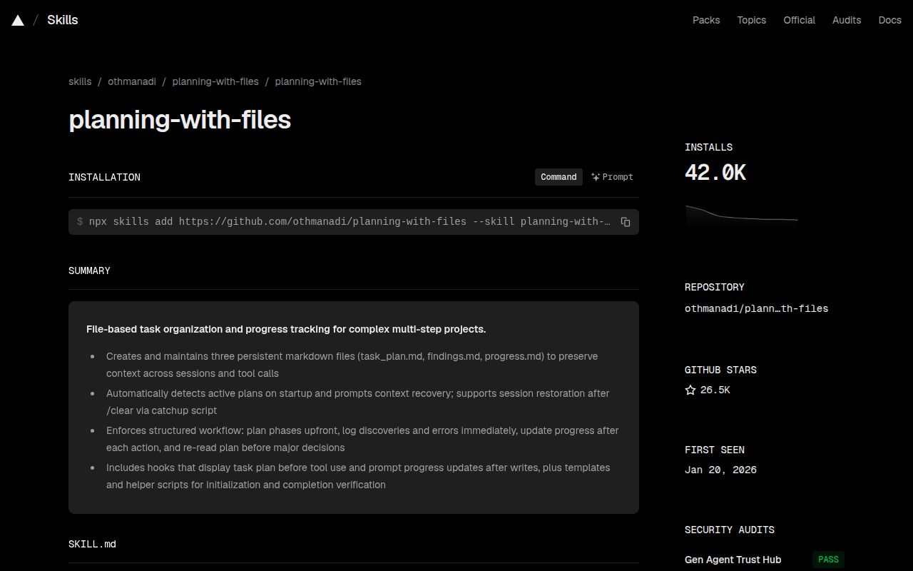 Screenshot of planning-with-files (www.skills.sh/othmanadi/planning-with-files/planning-with-files)