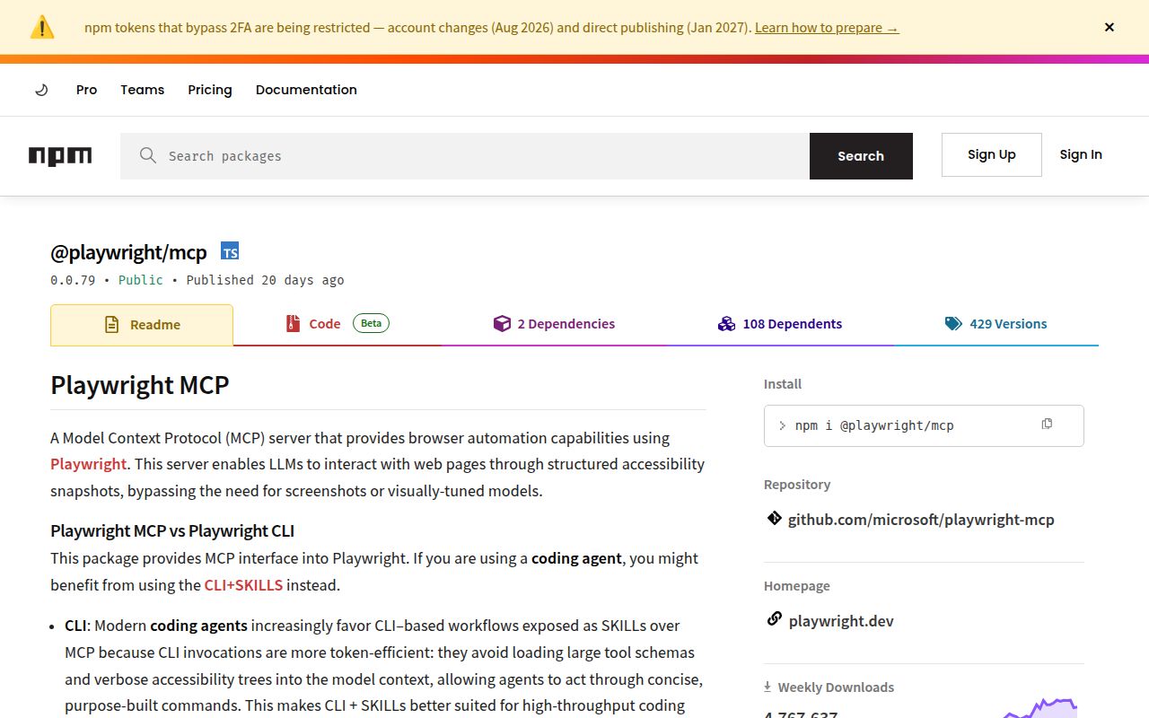 Screenshot of playwright-mcp (www.npmjs.com/package/@playwright/mcp)