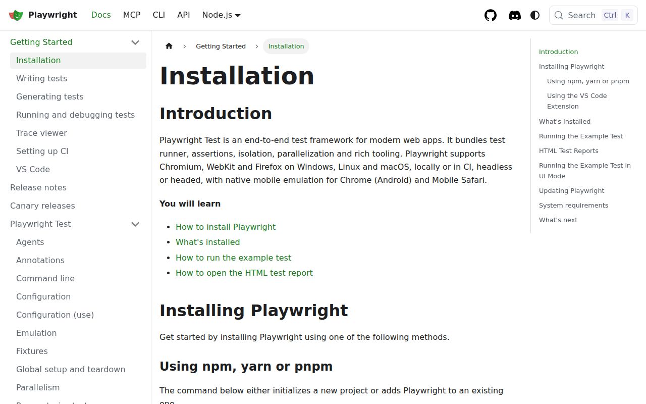 Screenshot of playwright documentation