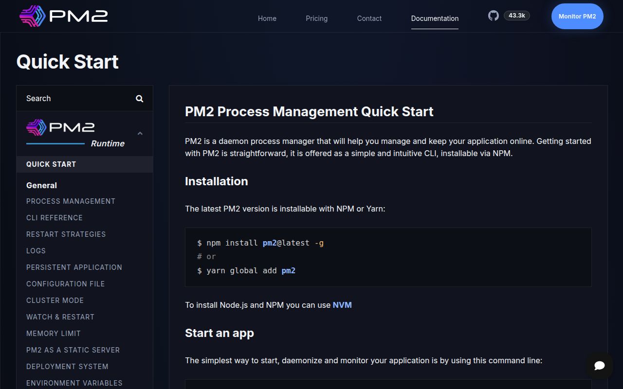 Screenshot of pm2 documentation