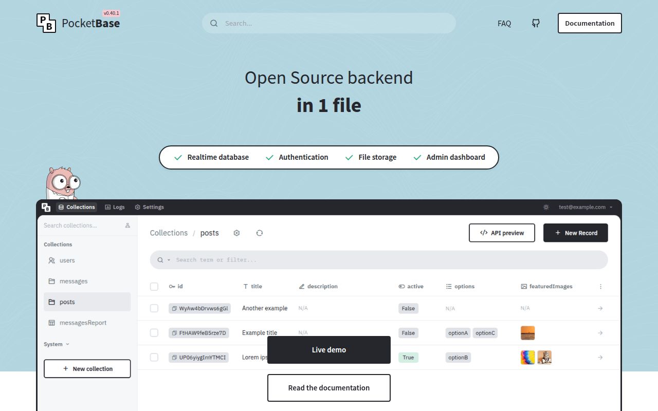 Screenshot of pocketbase (pocketbase.io)