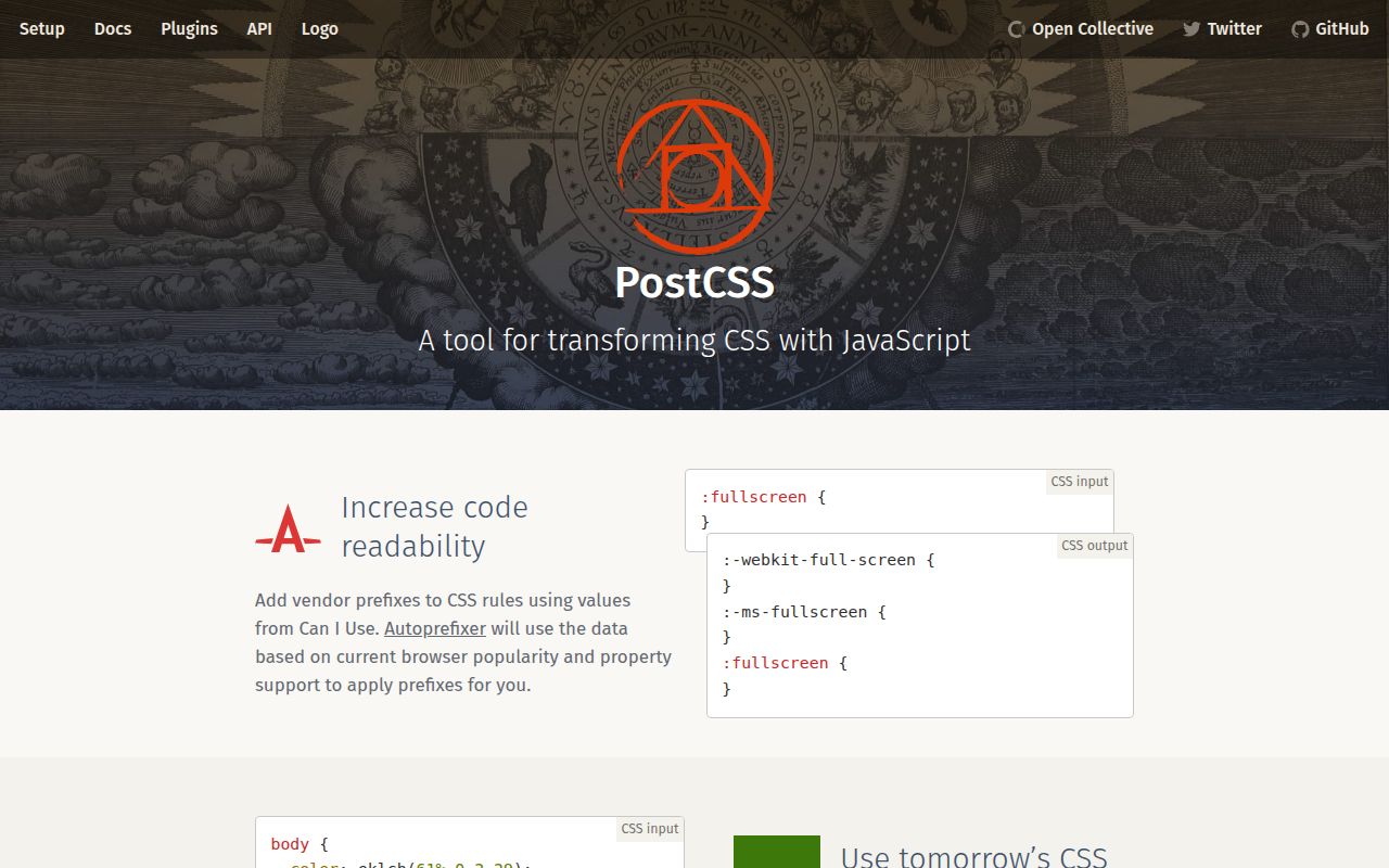 Screenshot of postcss documentation