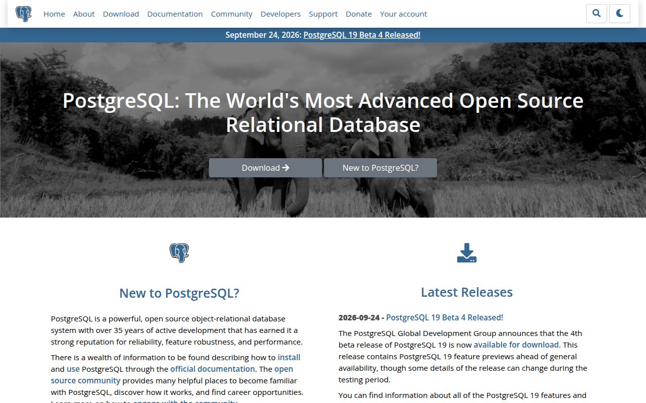 Screenshot of postgres (www.postgresql.org)