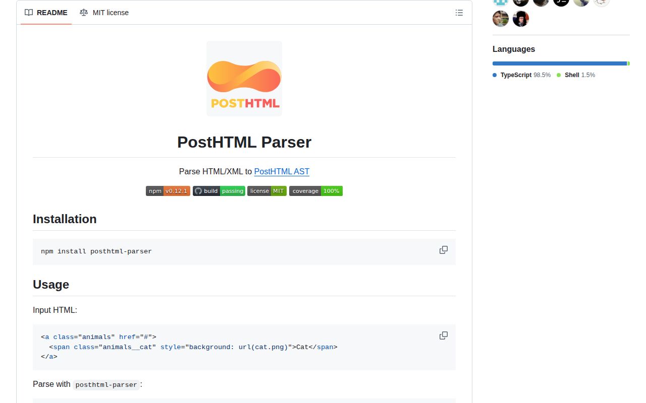 Screenshot of posthtml-parser documentation