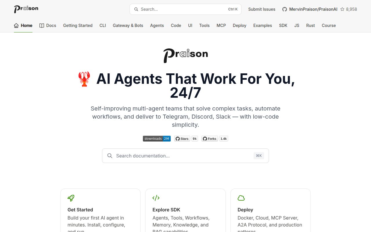 Screenshot of PraisonAI (praison.ai/docs)